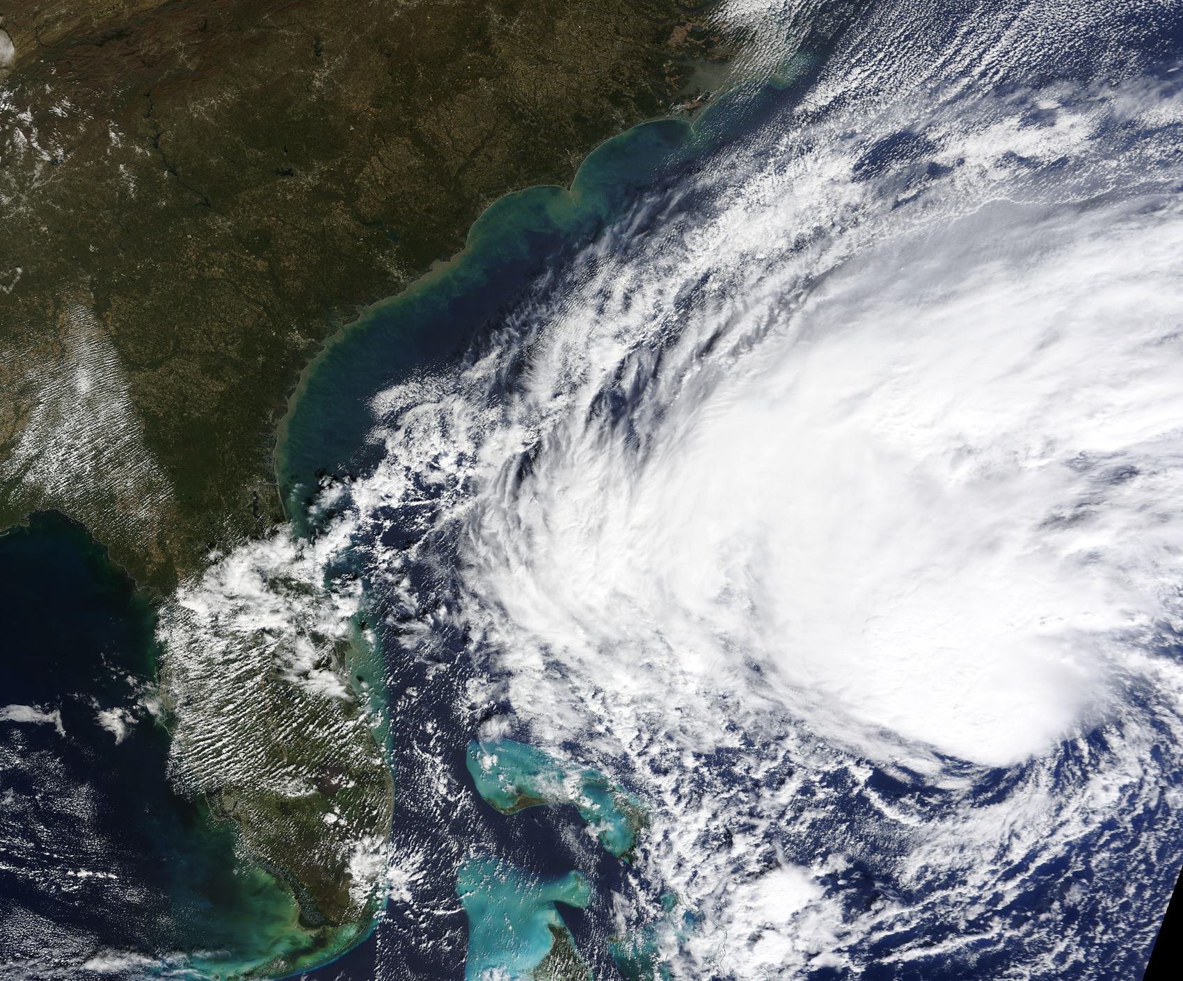 A hurricane approaching the Florida coast, seen by satellite